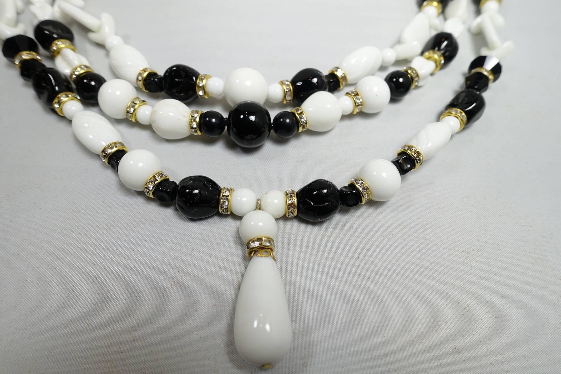 Women's Miriam Haskell Vintage 3 Row White and Black Beaded Necklace