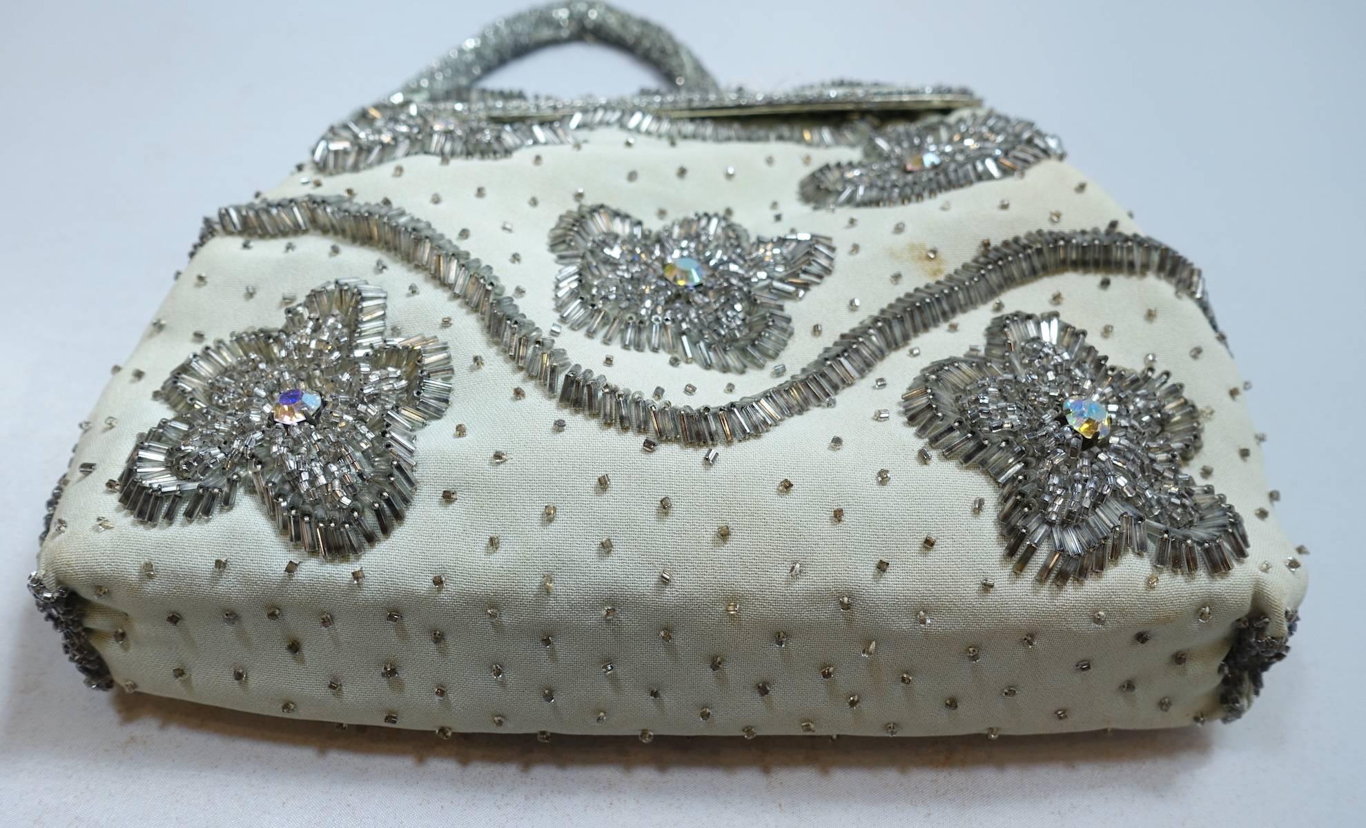 Gray Vintage 1960s Hand Made Beaded Hand Bag For Sale