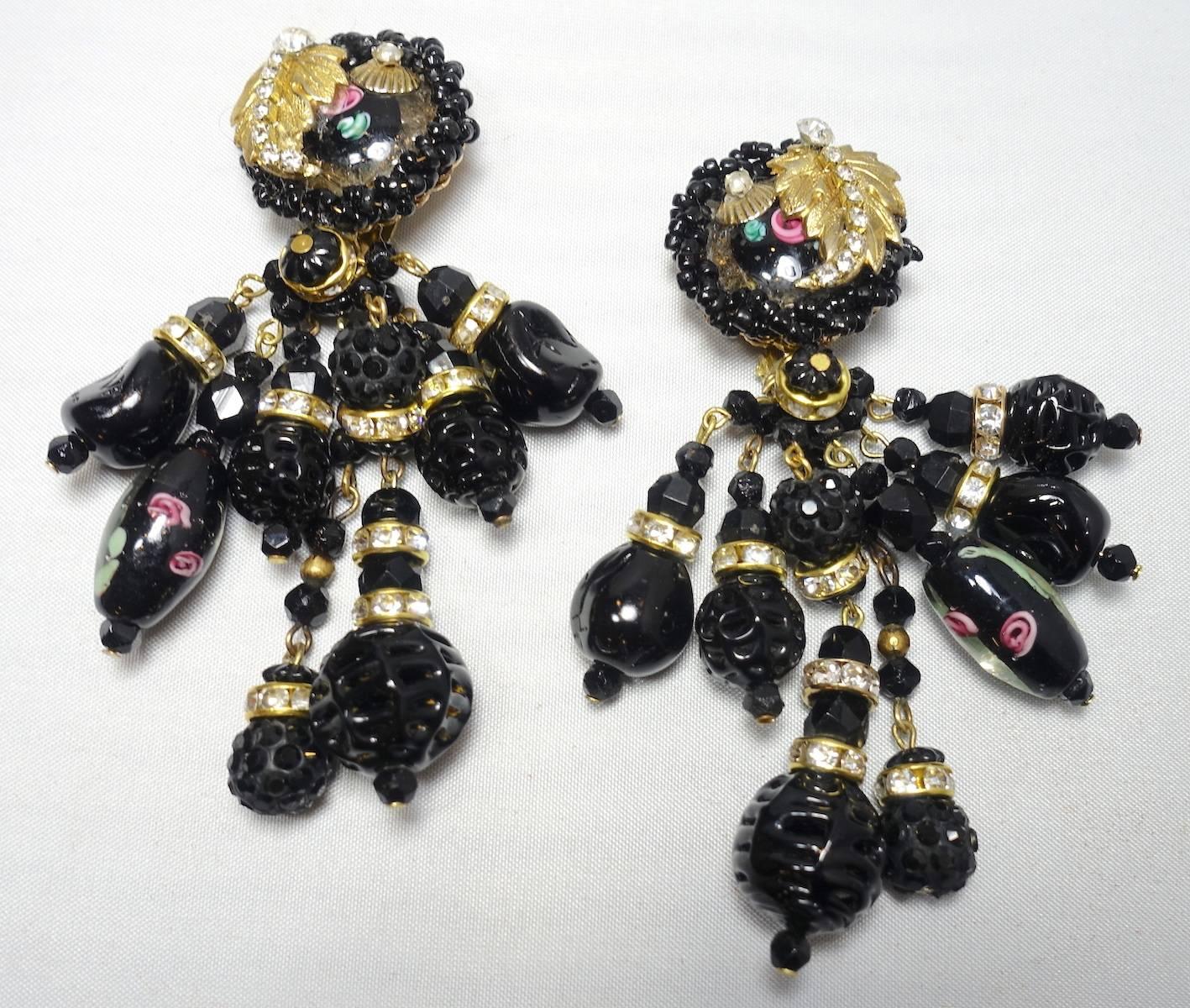 Vintage Signed DeMario Black Murano Beads & Crystal Dangle Earrings In Excellent Condition In New York, NY