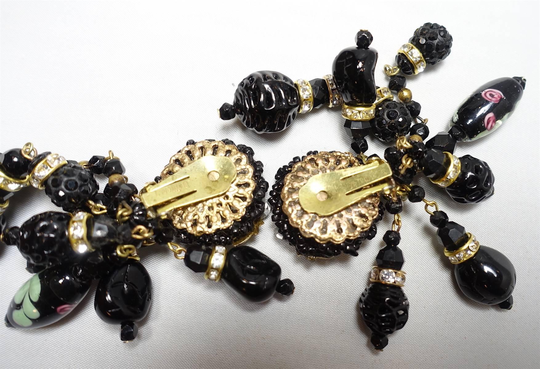 Women's or Men's Vintage Signed DeMario Black Murano Beads & Crystal Dangle Earrings