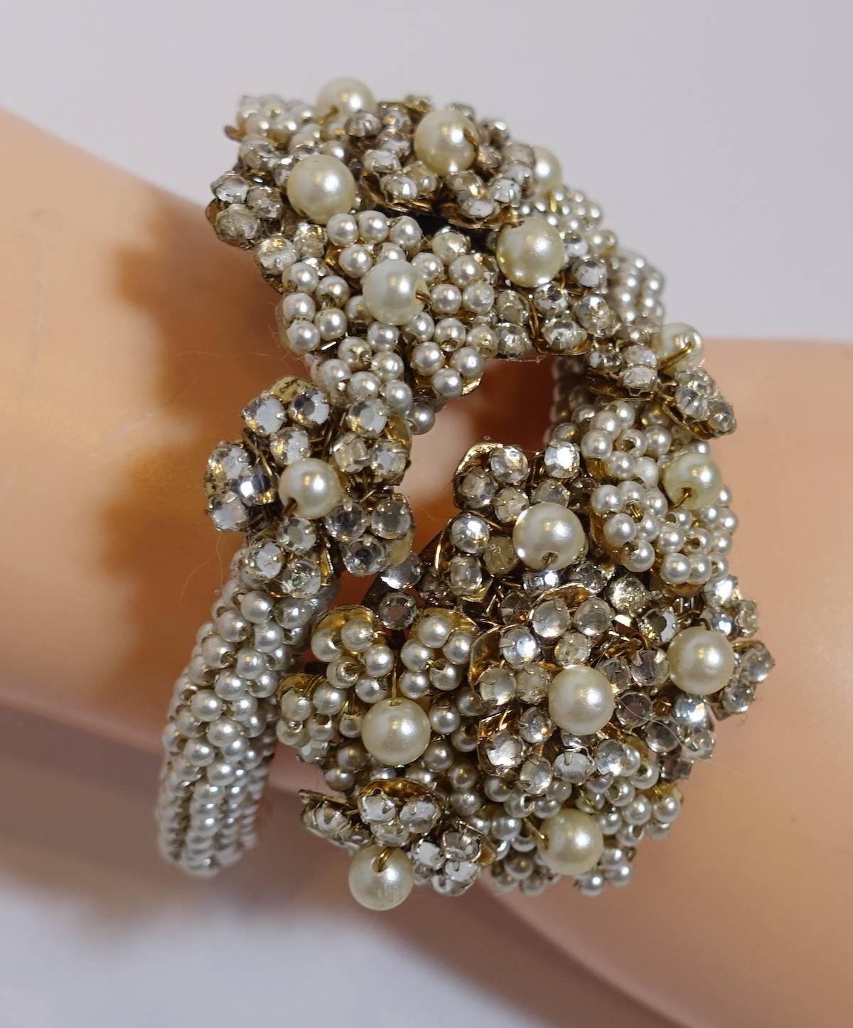 Early 1930s Vintage Miriam Haskell Faux Pearl & Crystals Wrap Bracelet 1
