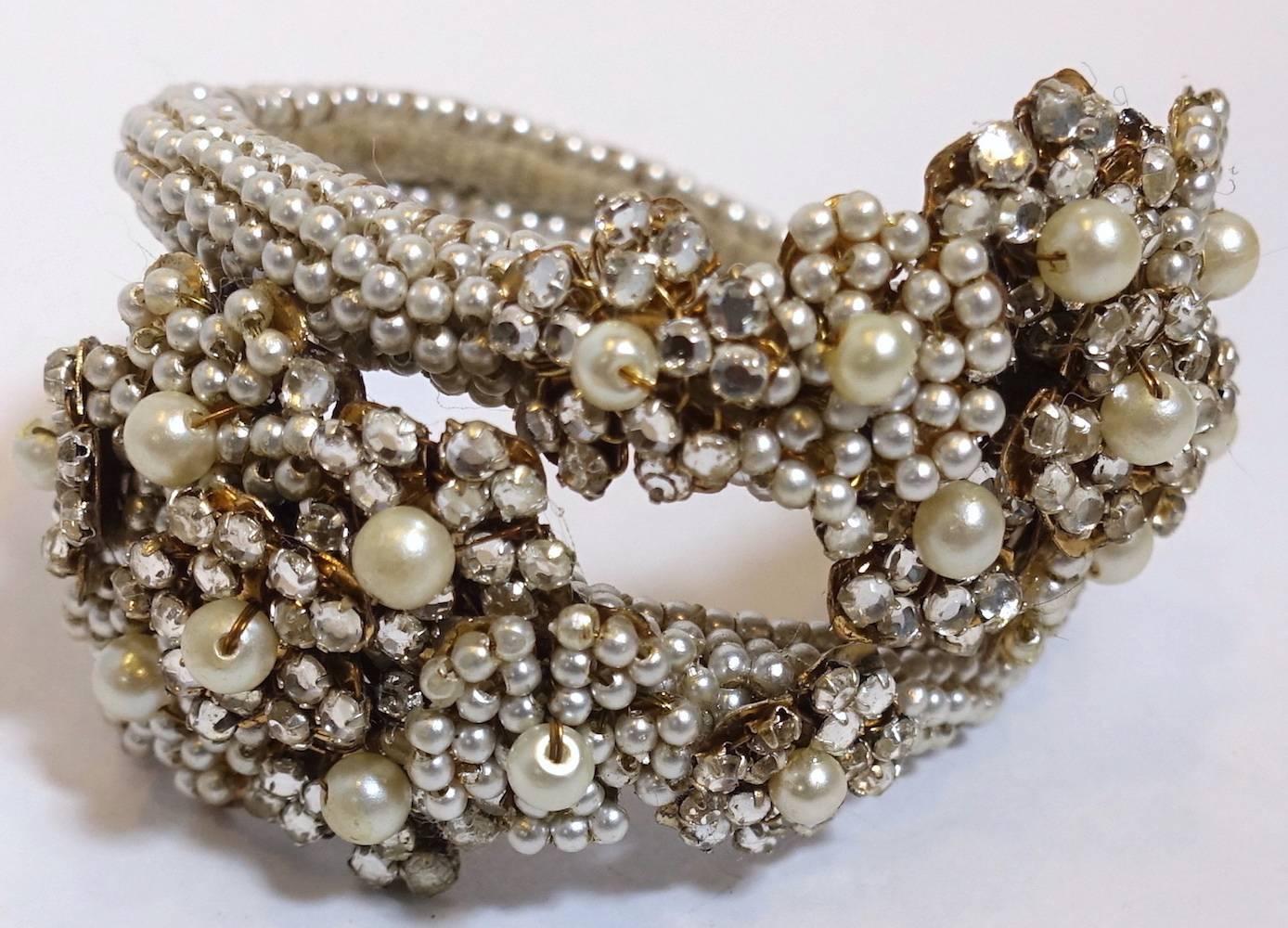 Early 1930s Vintage Miriam Haskell Faux Pearl & Crystals Wrap Bracelet 2