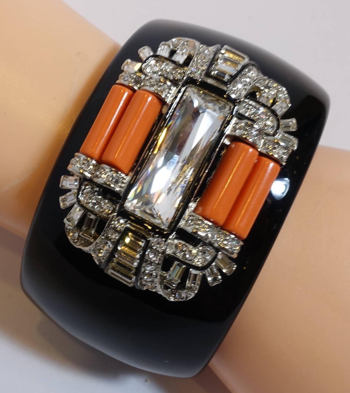 Signed Kenneth Jay Lane Deco Faux Coral & Crystals Clamper Bracelet In Excellent Condition In New York, NY