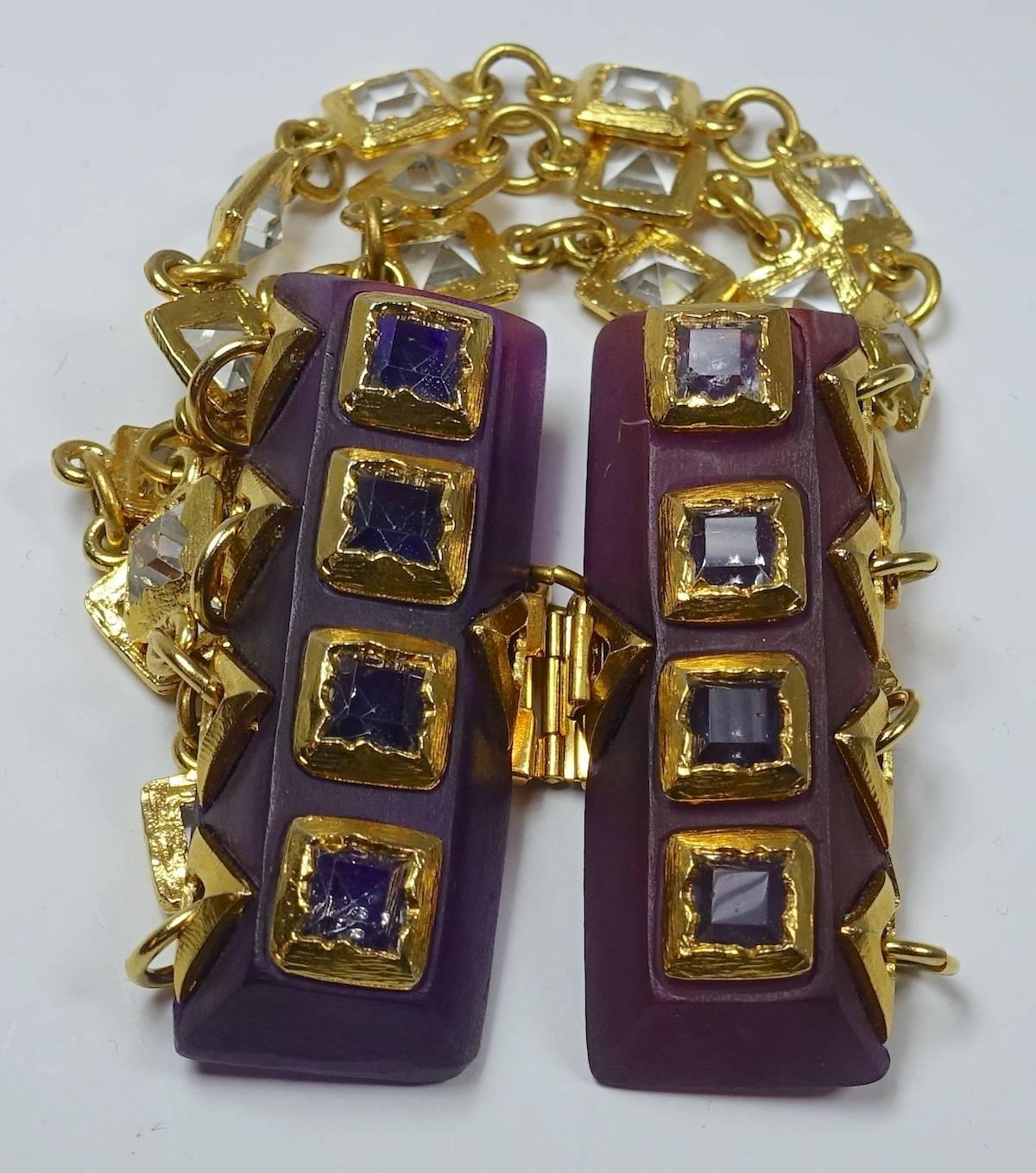 Women's or Men's Vintage Unusual 1970s Multi-4-Strand Crystals & Purple Wood Bracelet For Sale