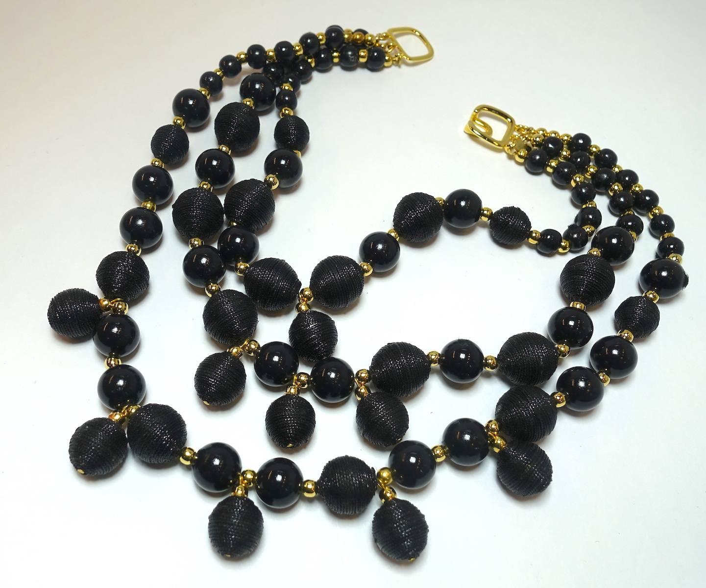 Signed Kenneth Jay Lane Multi-3-Strand Black Bead Necklace In Excellent Condition In New York, NY