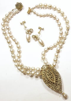 Miriam Haskell Vintage Faux Pearl Drop Necklace And Earrings Set