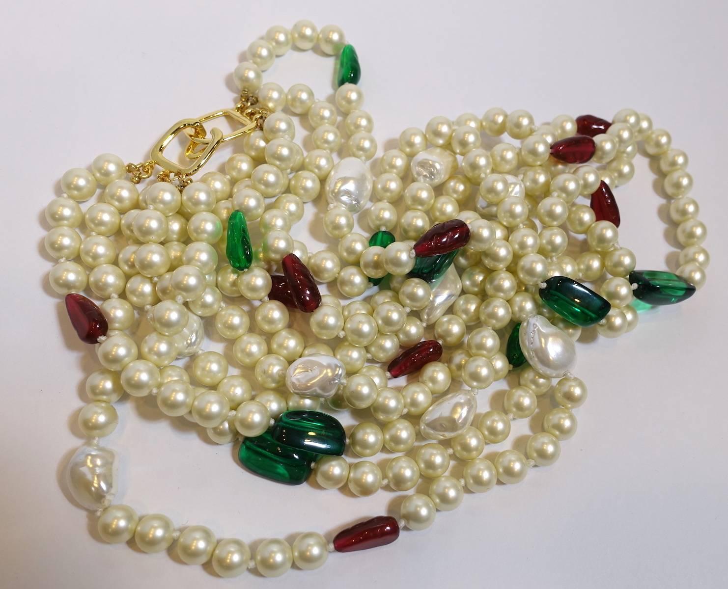 Signed Kenneth Jay Lane Multi-Strand Faux Pearl, Green & Red Stone Necklace In Excellent Condition In New York, NY