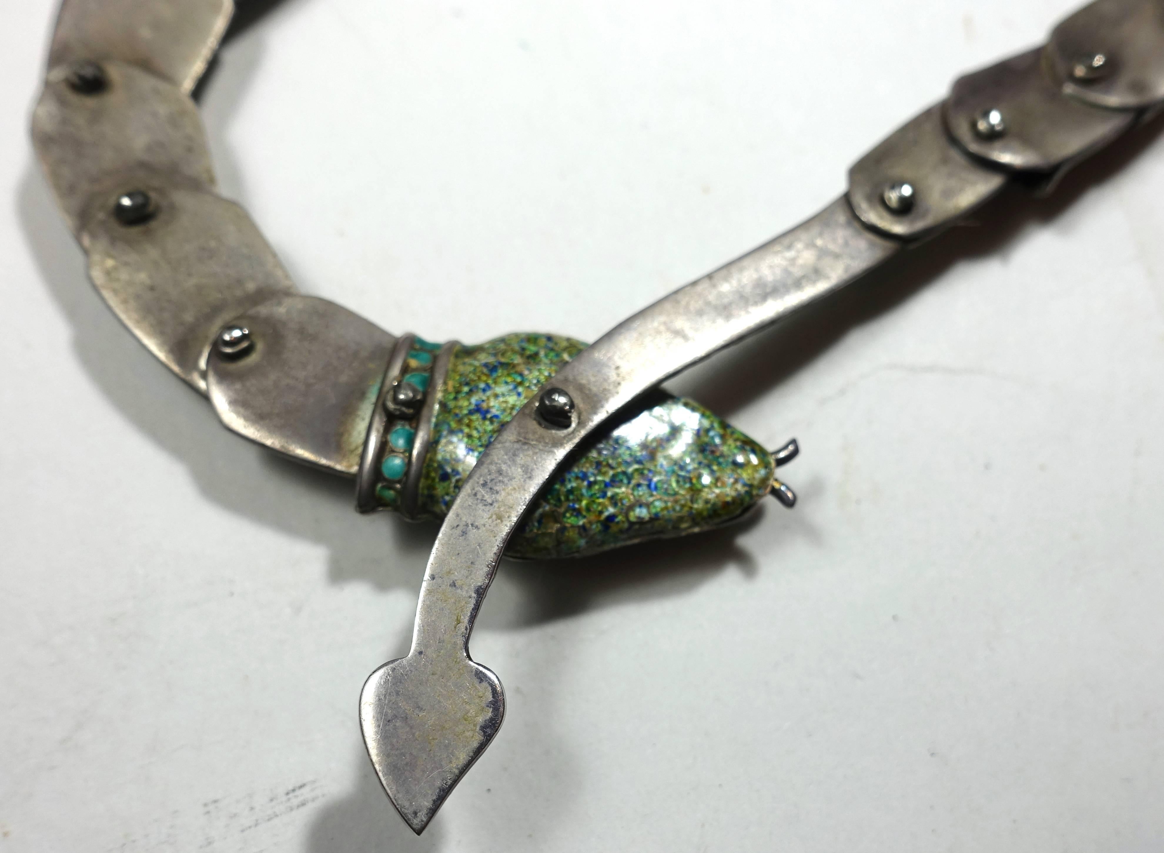 Margot Vintage Rare Sterling Silver Enamel Snake Necklace In Excellent Condition In New York, NY