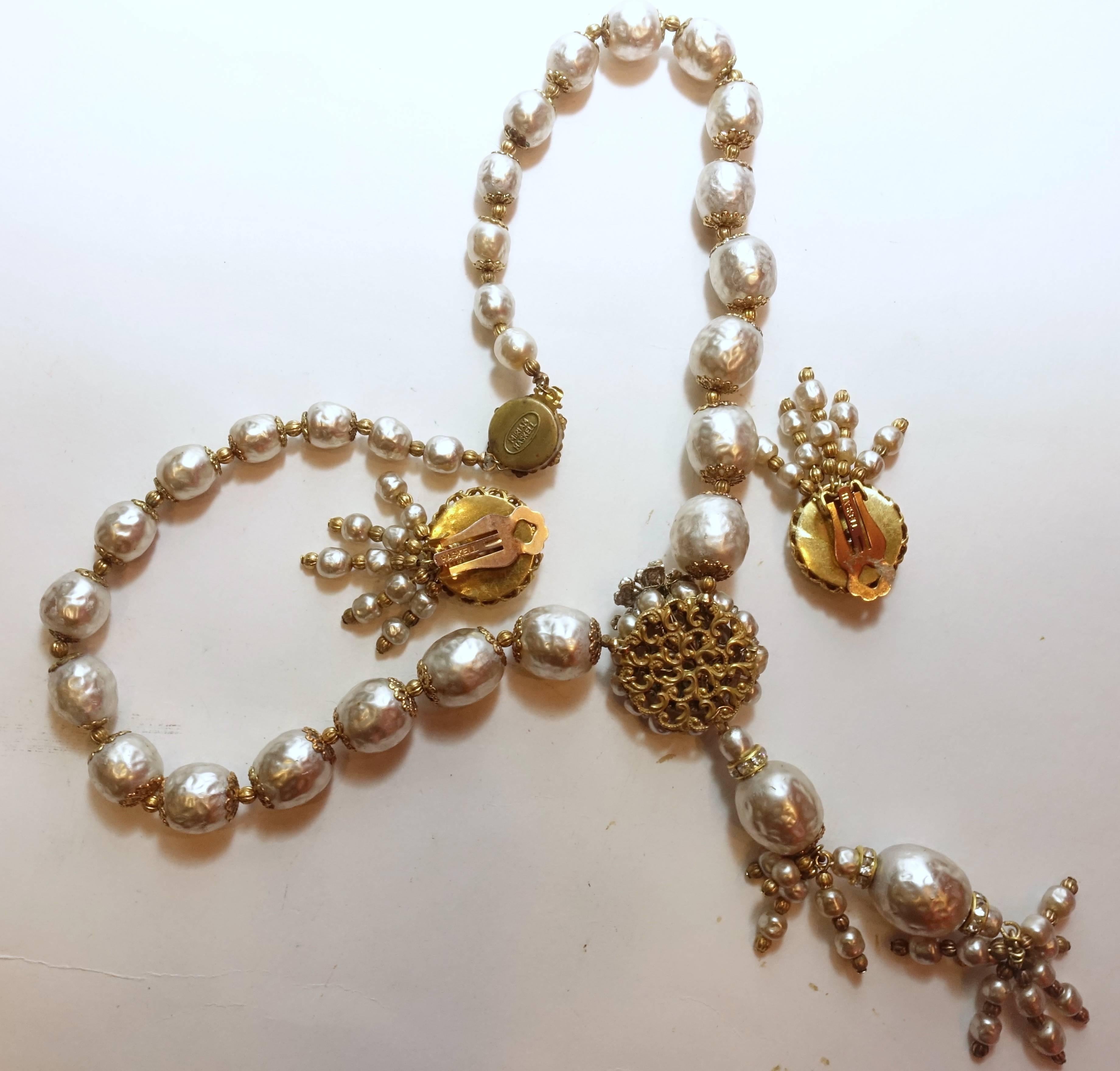 Women's Vintage Miriam Haskell Faux Pearl Drop Necklace And Earrings Set