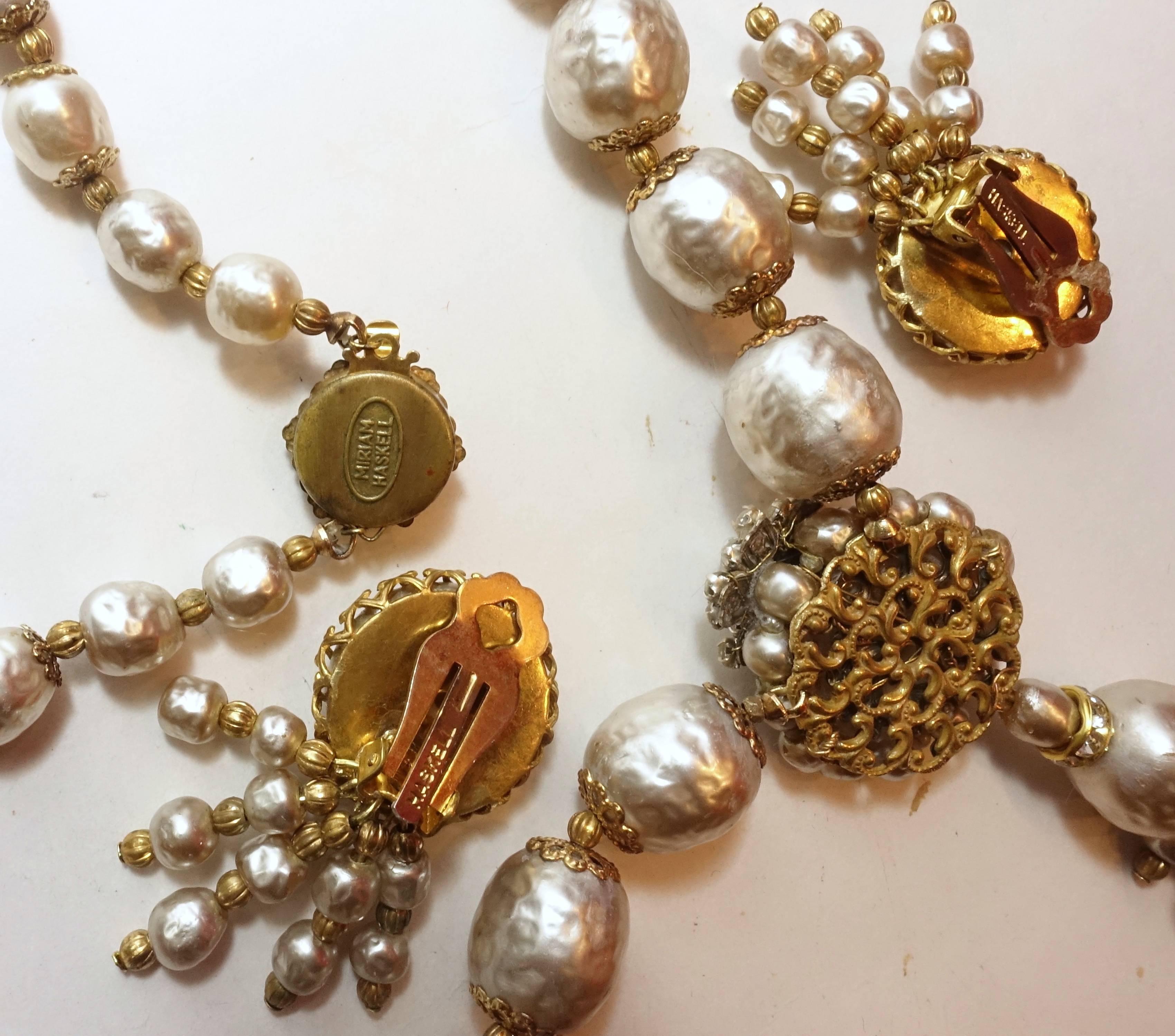Vintage Miriam Haskell Faux Pearl Drop Necklace And Earrings Set 1