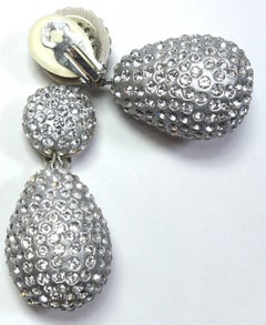 Signed Kenneth Jay Lane Silver Crystal Teardrop Earrings