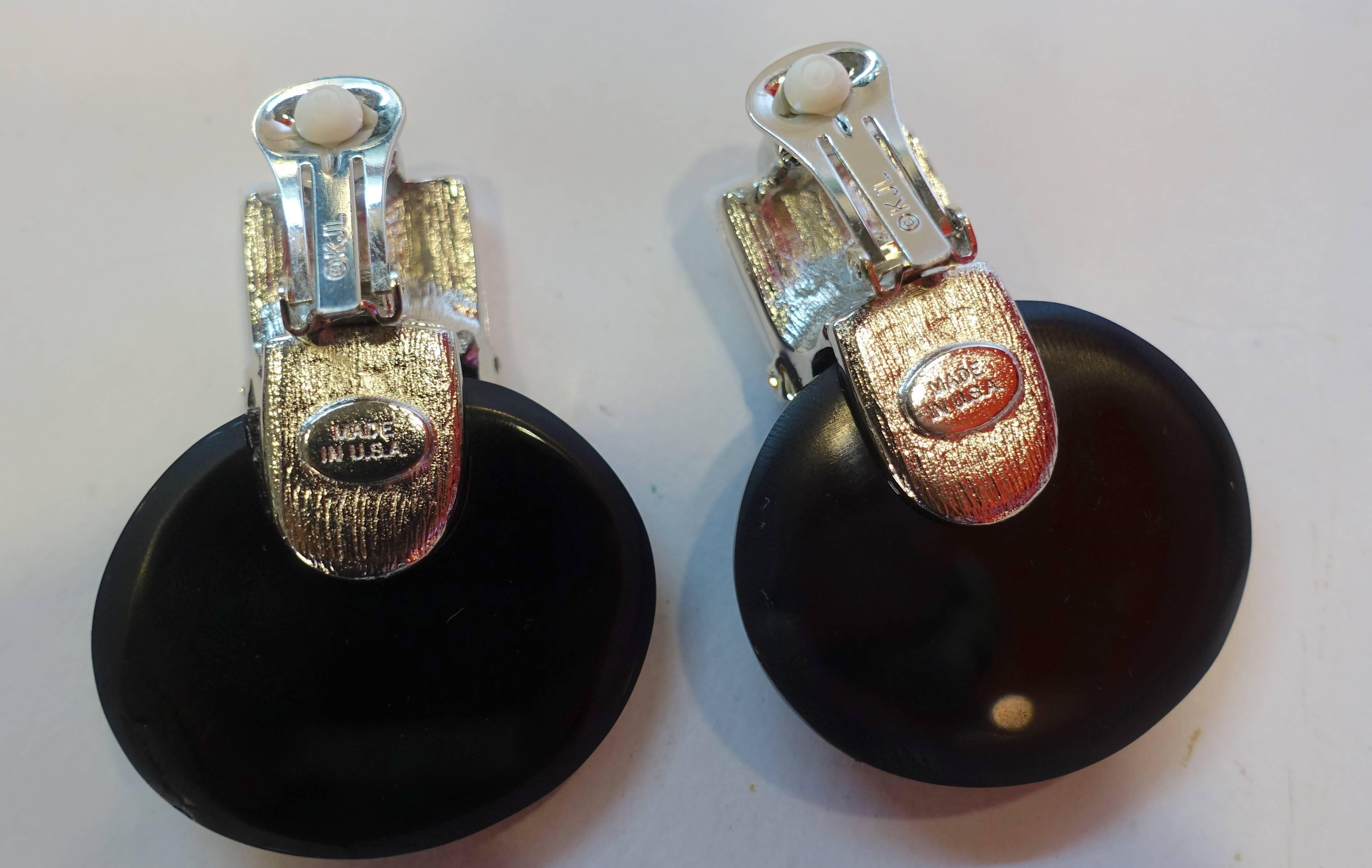 Signed Kenneth Jay Lane KJL Faux Onyx and Crystal Drop Earrings In Excellent Condition In New York, NY