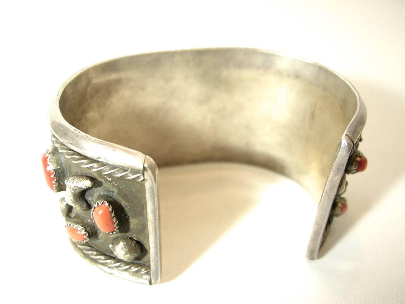 Women's or Men's Sterling Zuni Coral and Turquoise Nugget Vintage Cuff For Sale