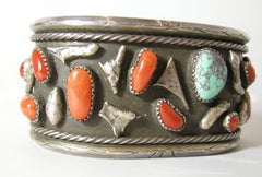 Sterling Zuni Coral and Turquoise Nugget Vintage Cuff