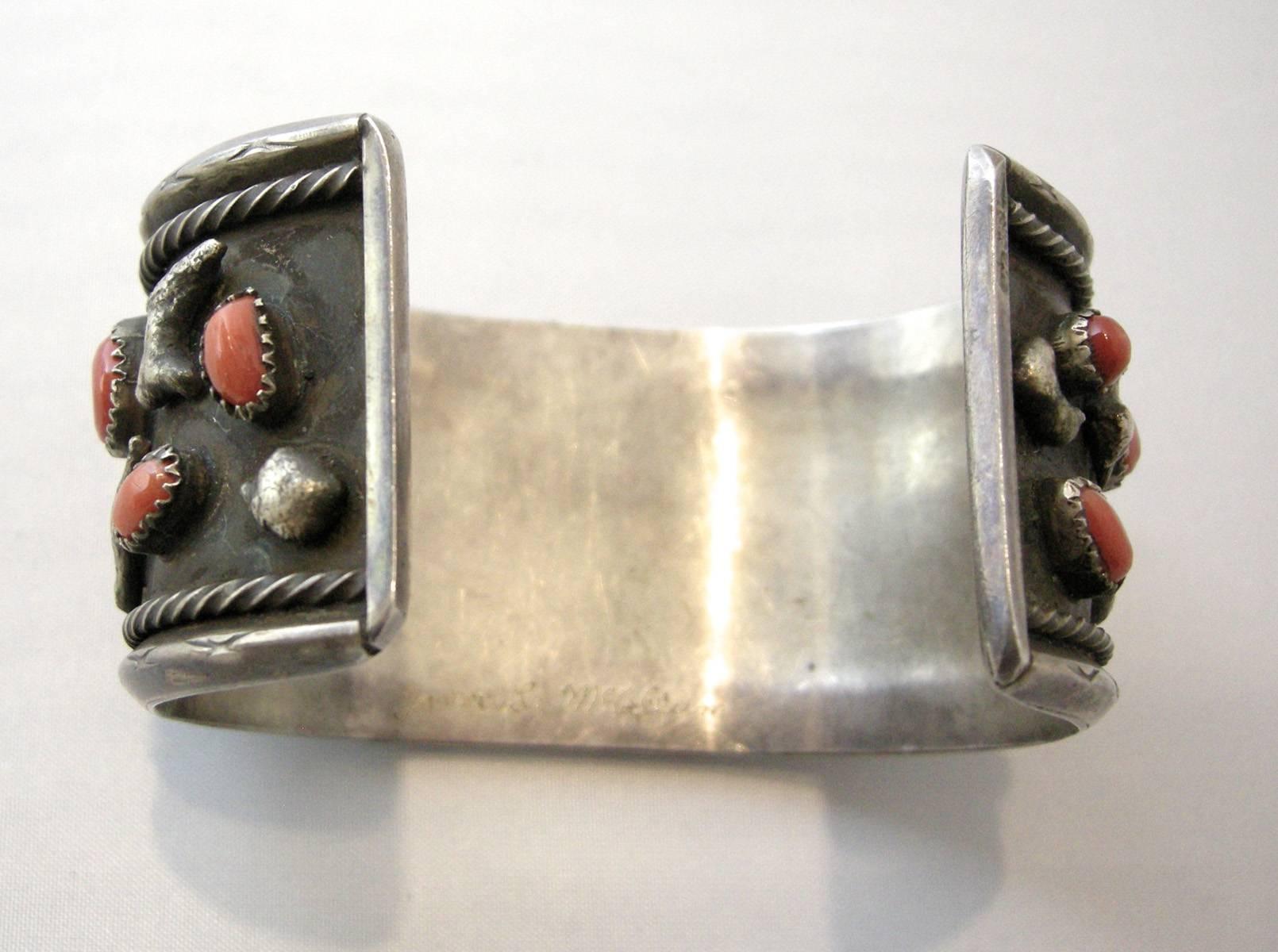Sterling Zuni Coral and Turquoise Nugget Vintage Cuff In Excellent Condition For Sale In New York, NY