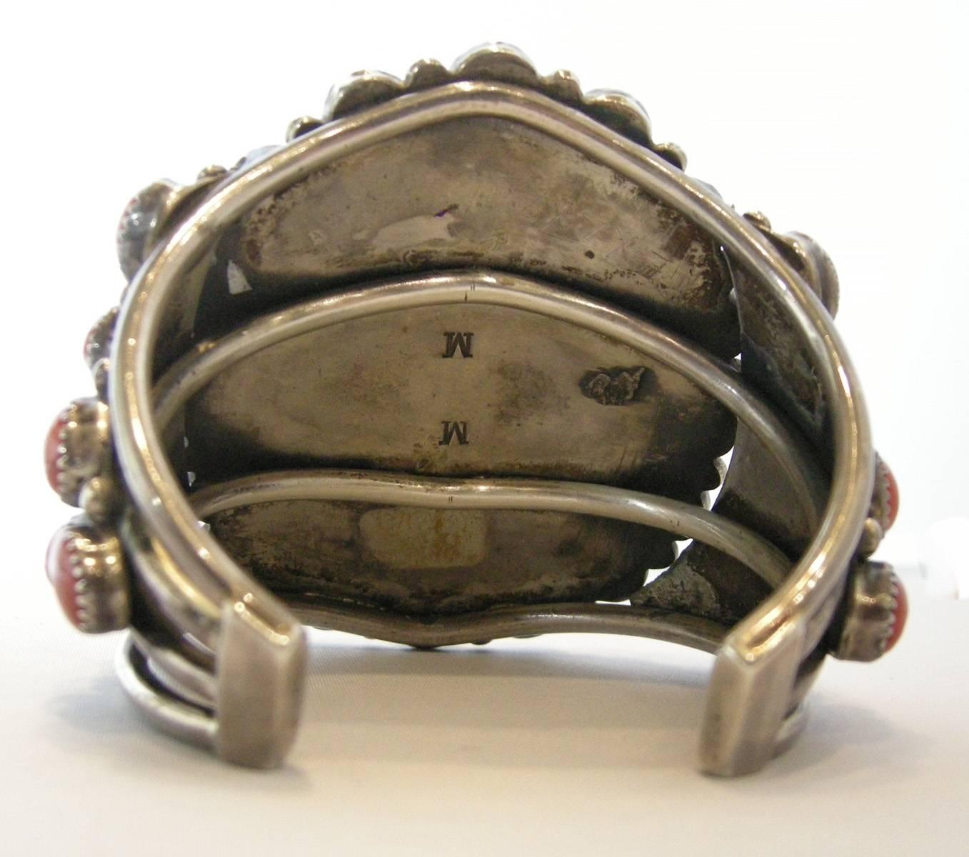 Vintage Sterling Silver Indian Coral Cuff by Mary Morgana In Excellent Condition In New York, NY
