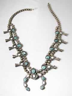 Vintage Sterling Navajo Turquoise and Mother-Of-Pearl Squash Necklace