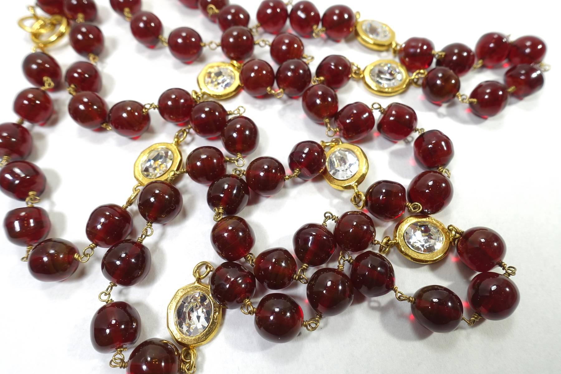 Women's Vintage Signed Chanel 70s Cranberry Gripoix Glass and Crystal Sautoir Necklace
