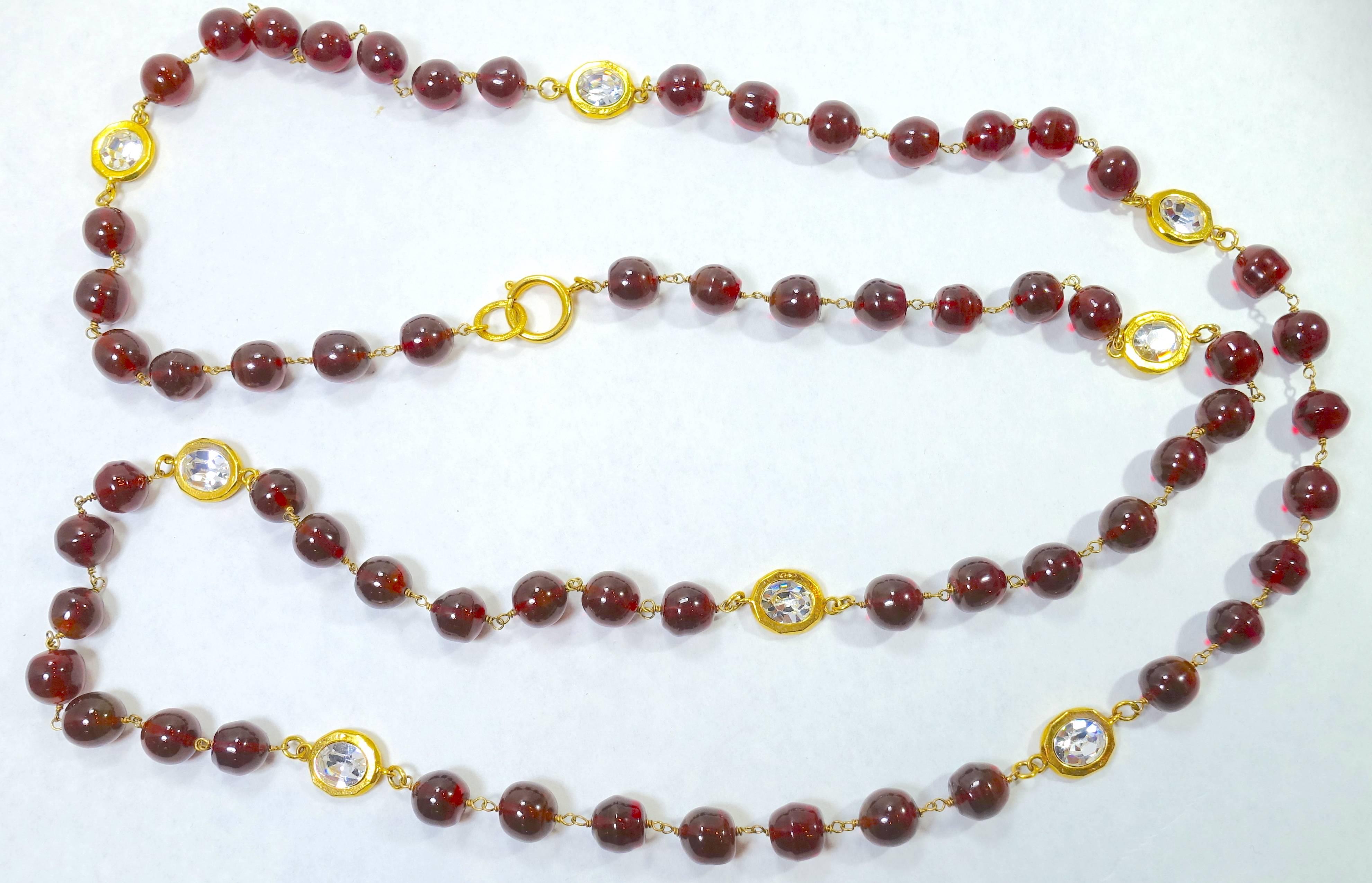 Vintage Signed Chanel 70s Cranberry Gripoix Glass and Crystal Sautoir Necklace 1