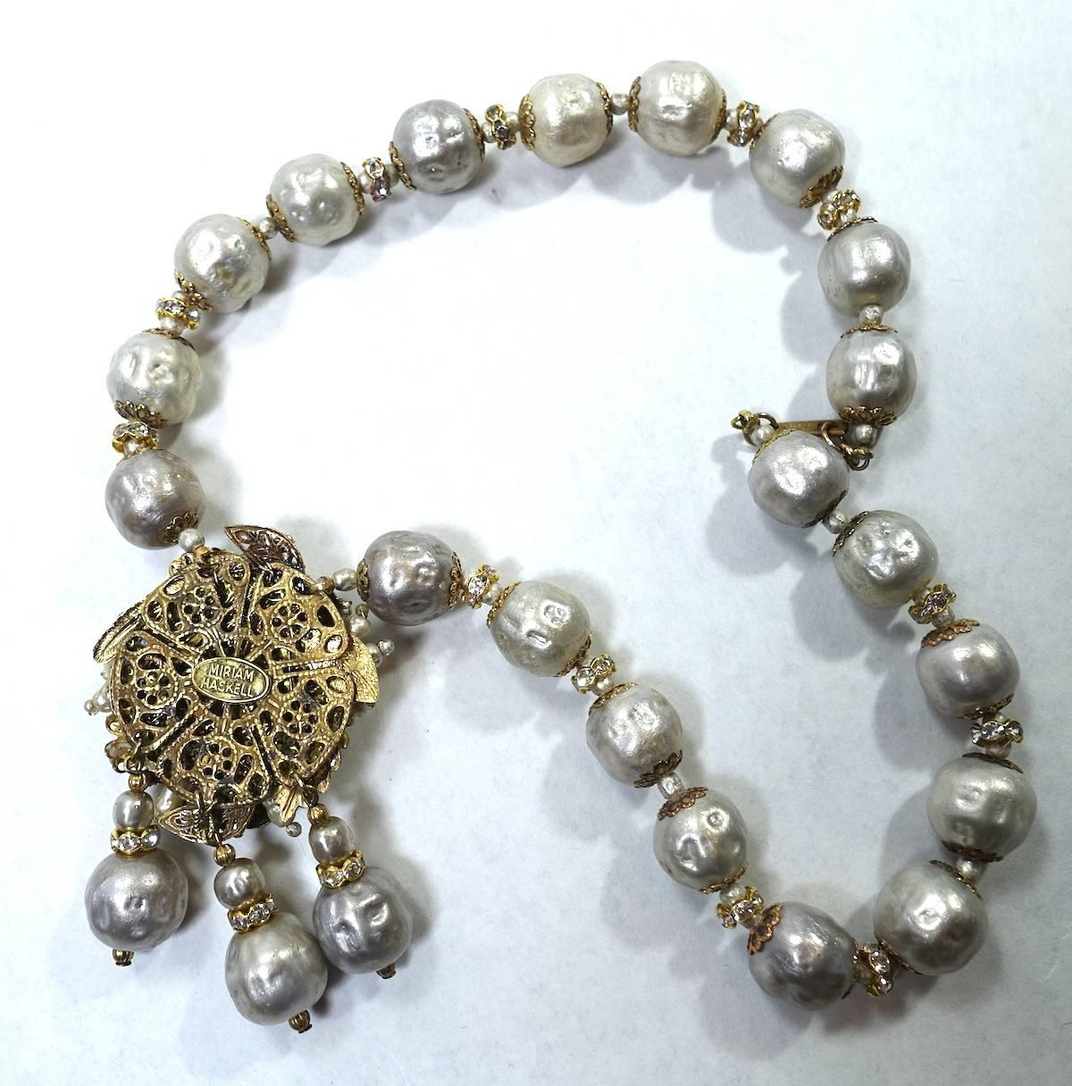 Miriam Haskell Vintage Faux Pearl Drop Necklace, 1950s  In Excellent Condition In New York, NY