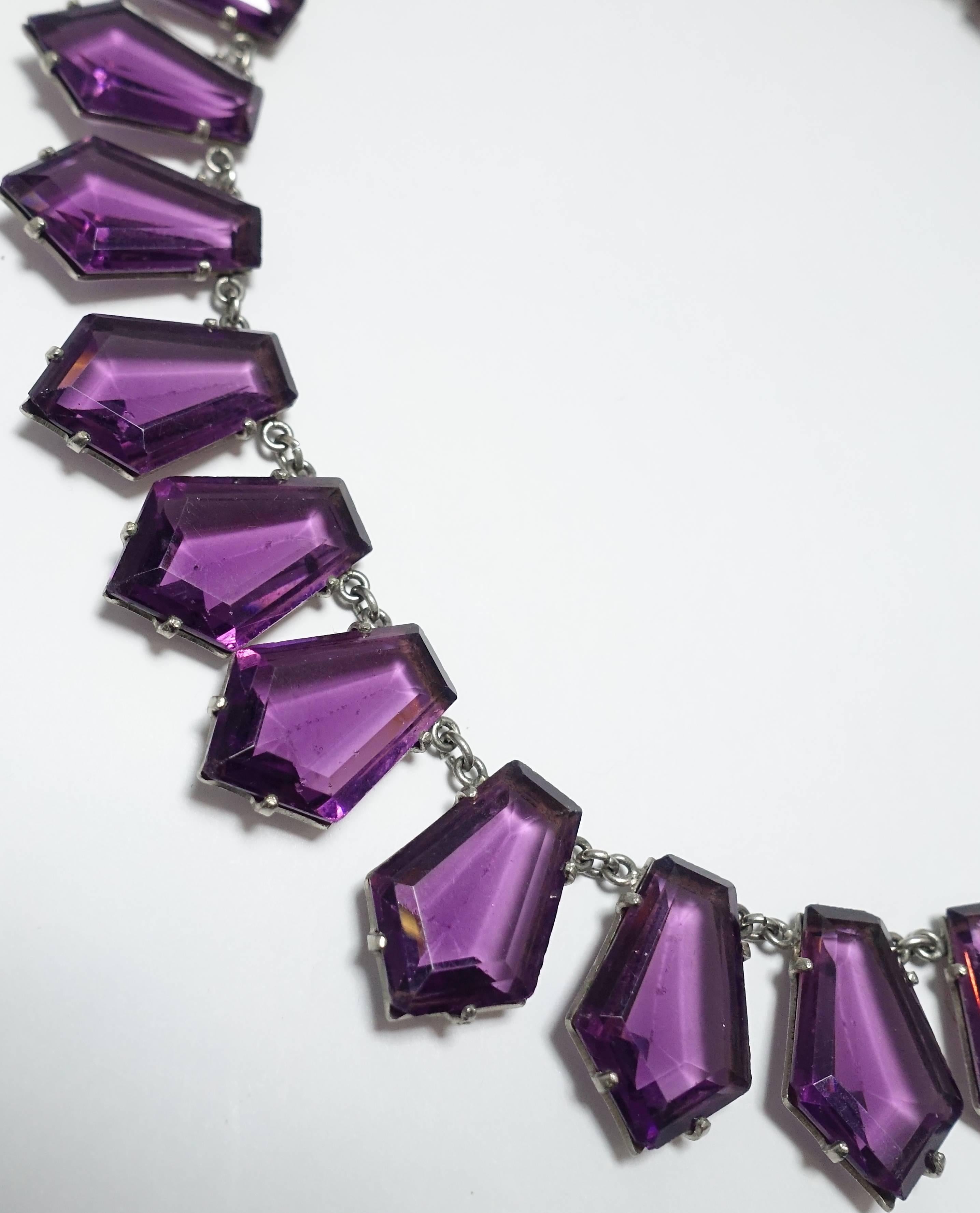 Vintage 1930s Czech Chrystal Faux Amethyst Necklace In Excellent Condition In New York, NY