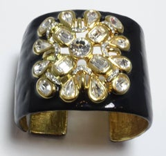 Kenneth Jay Lane Black Enamel & Rhinestone Clamper Bracelet