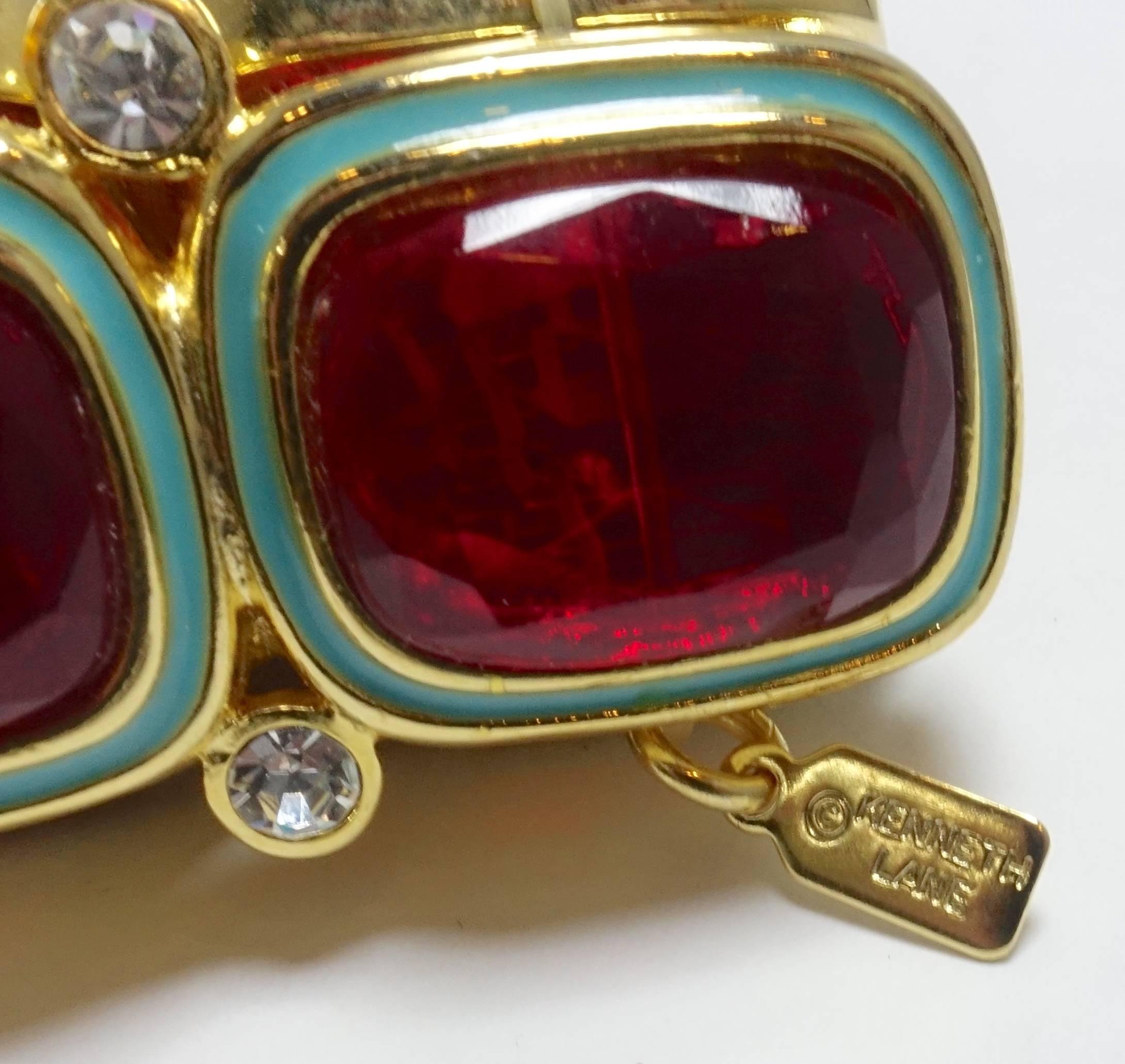 Wide Kenneth Jay Lane Red Rhinestone And Turquoise Enamel Stretch Bracelet In Excellent Condition In New York, NY