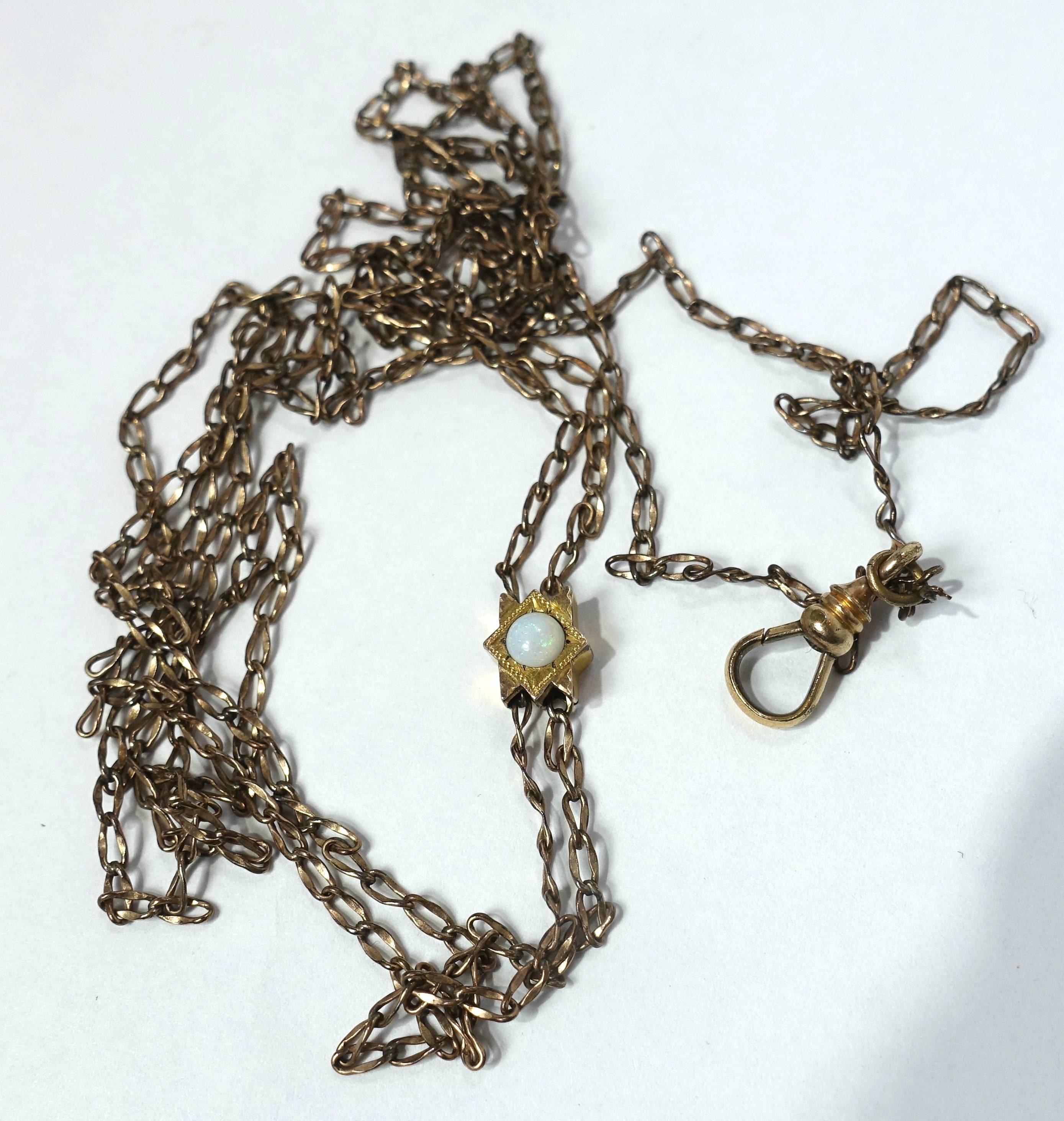 Victorian 1800s Signed HHB & Co. Gold Filled 25” Opal Slide Watch FOB Necklace In Excellent Condition In New York, NY