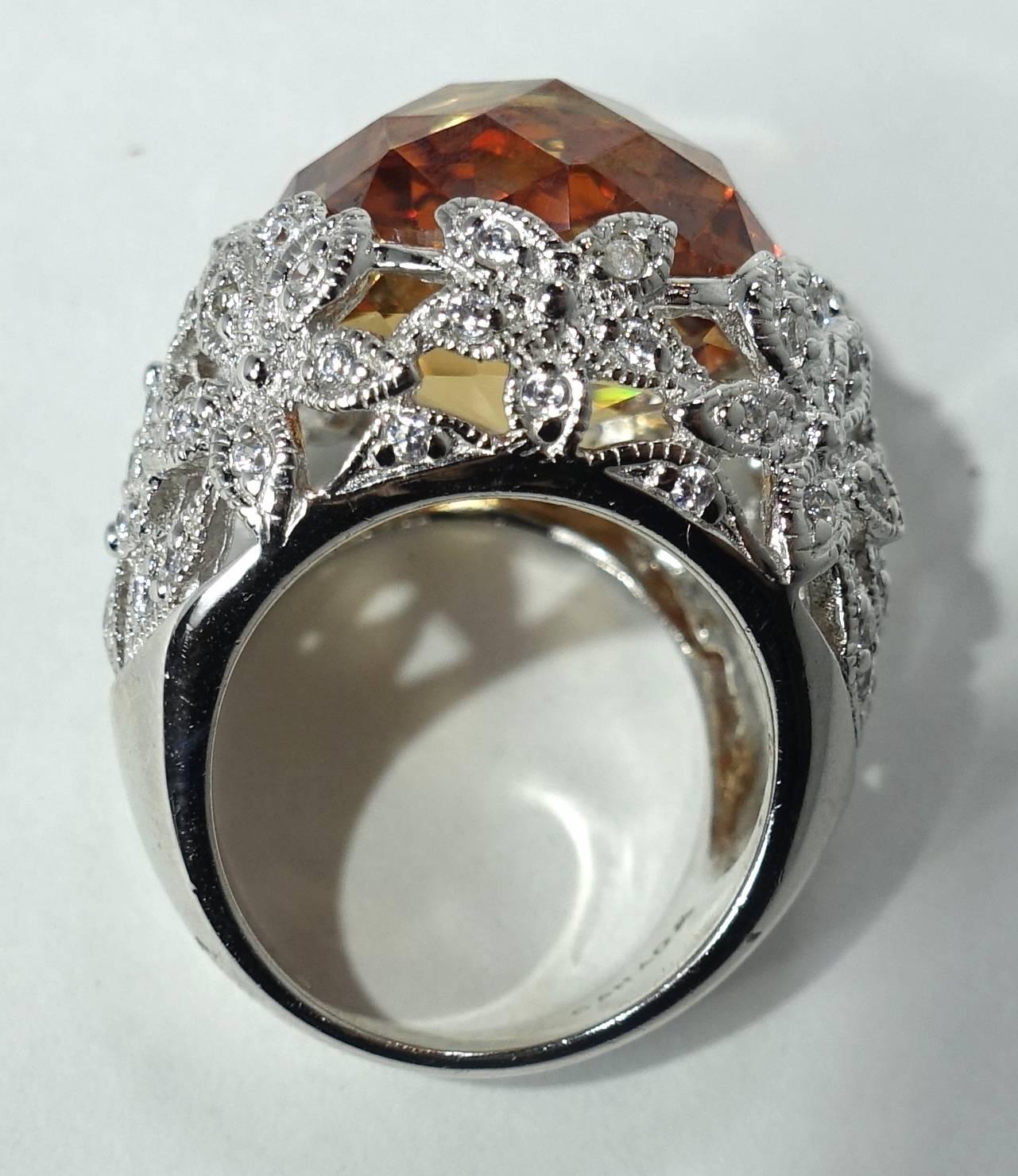 Women's Sterling Silver & Faux Citrine Rhinestone Ring For Sale