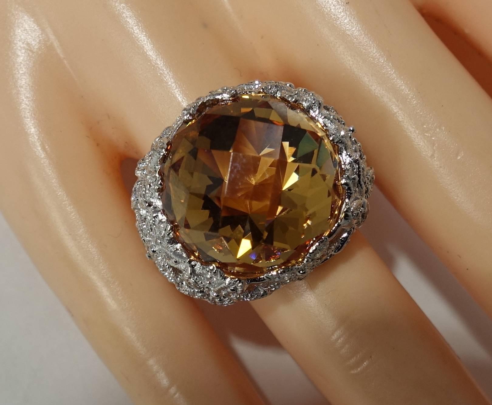 Sterling Silver & Faux Citrine Rhinestone Ring In Excellent Condition For Sale In New York, NY