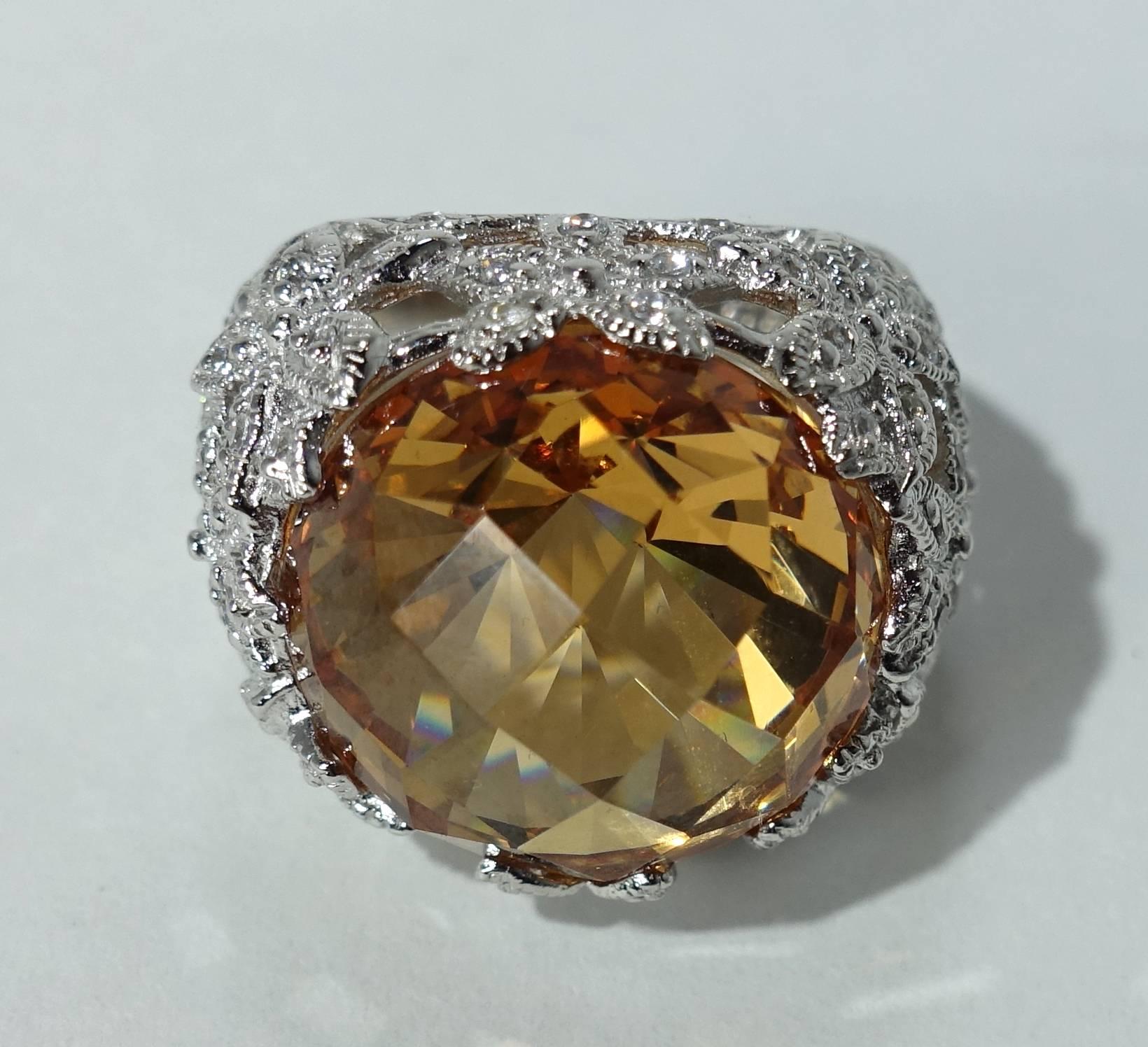 Sterling Silver & Faux Citrine Rhinestone Ring For Sale 1