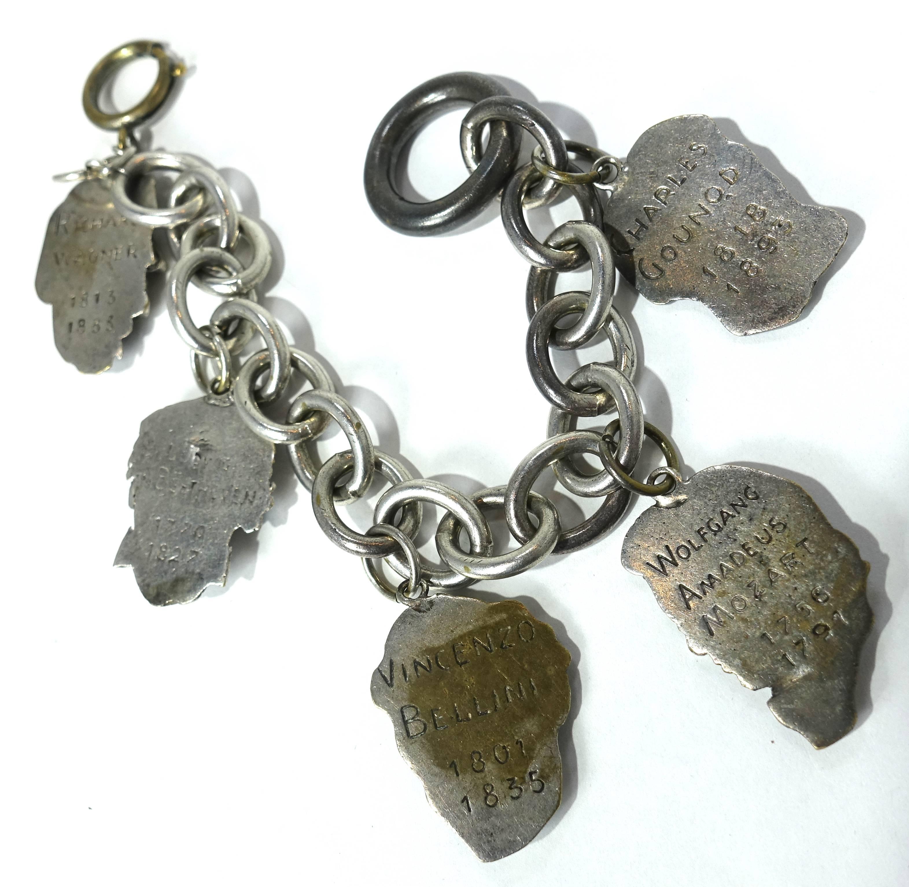Famous Classical Composers Vintage Charm Bracelet In Excellent Condition For Sale In New York, NY
