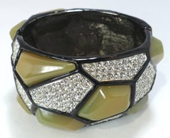 Signed Kenneth Jay Lane Green & Rhinestone Clamper Bracelet