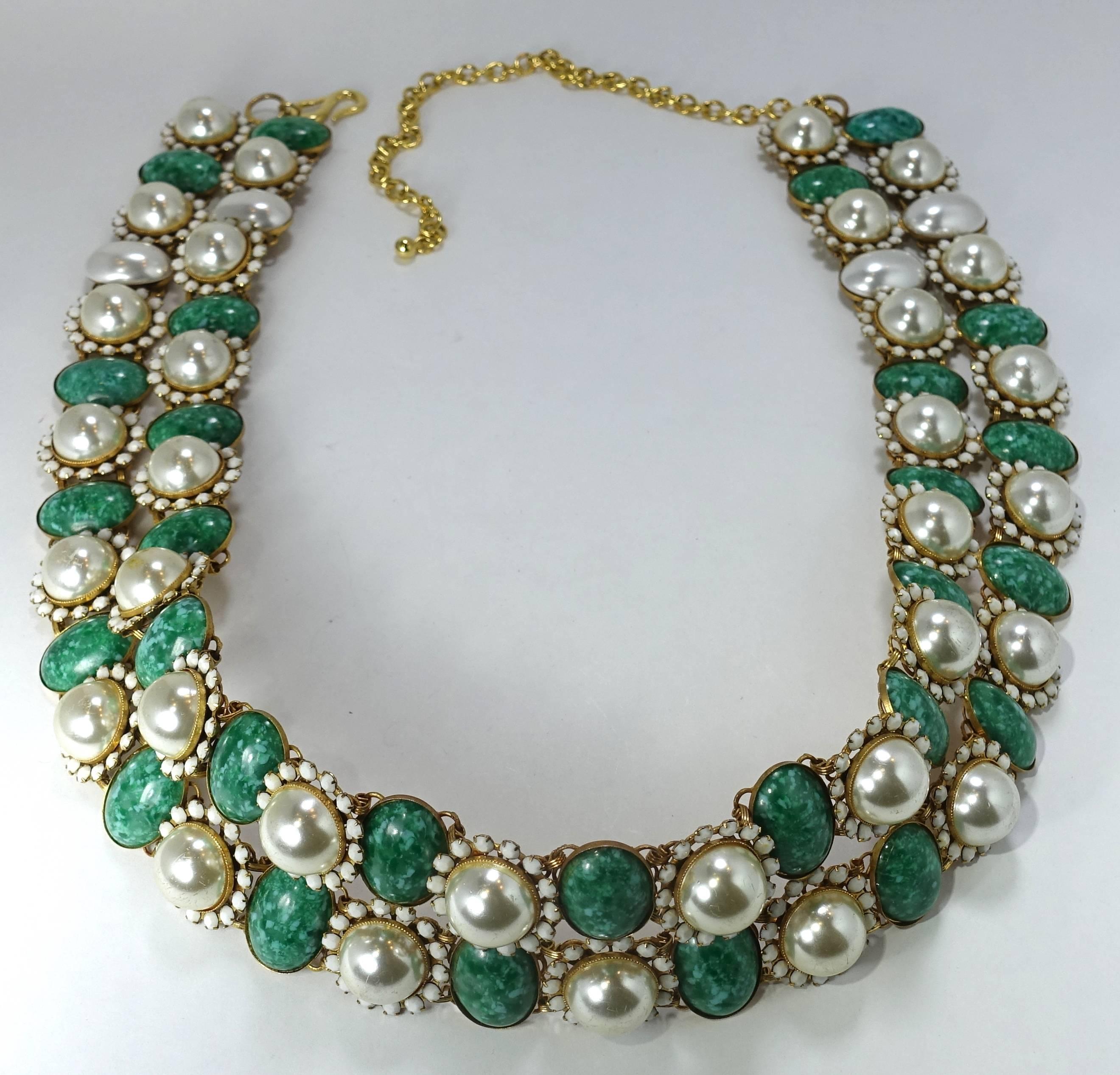 Kenneth Jay Lane Vintage Faux Pearl and Green Stone Belt, 1960s  For Sale 4