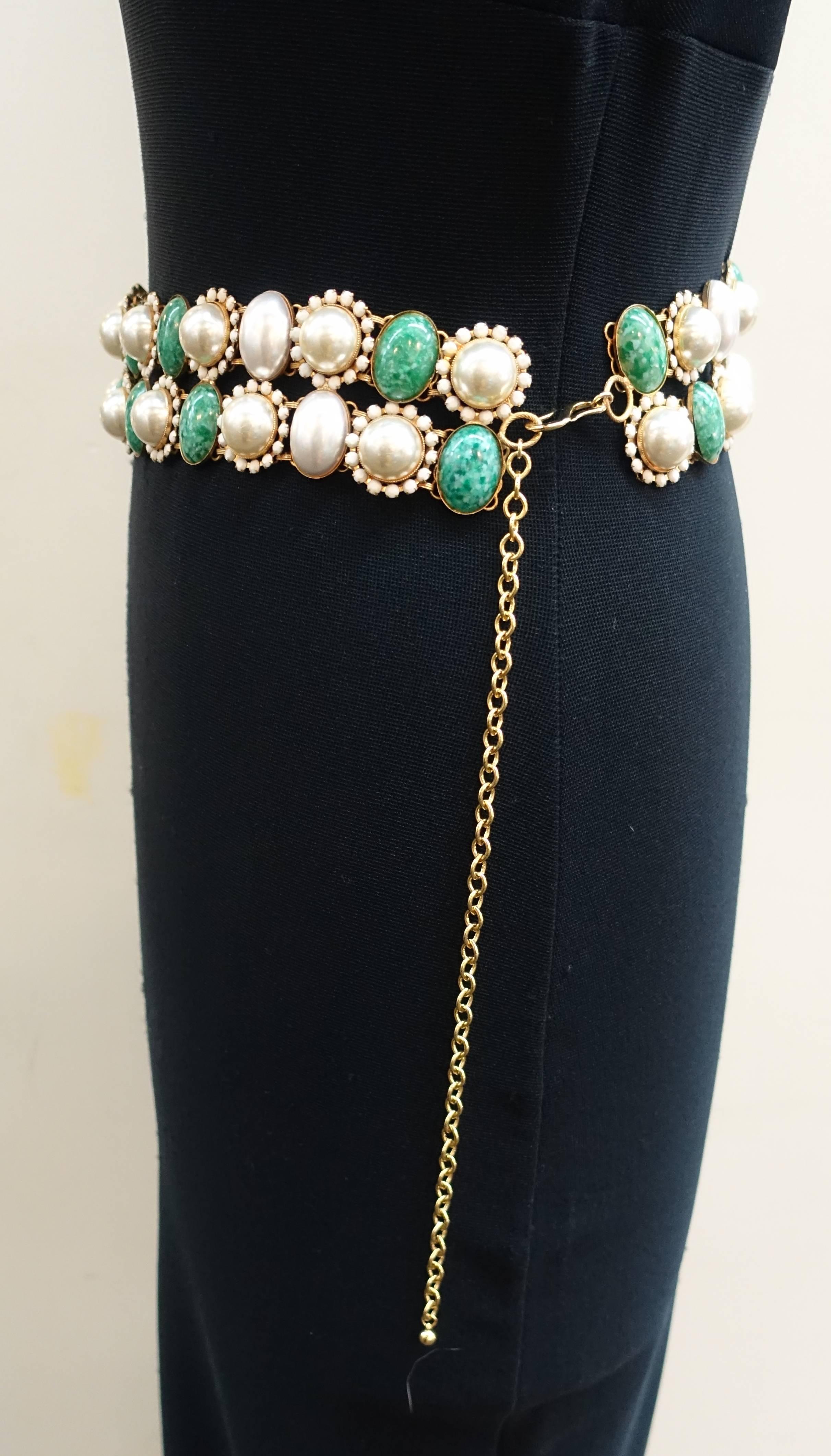 Beige Kenneth Jay Lane Vintage Faux Pearl and Green Stone Belt, 1960s  For Sale