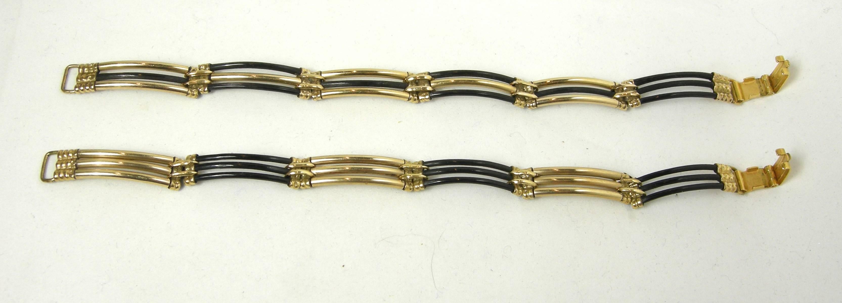 Two Art Deco Gold Tone and Onyx Rod Bracelets In Excellent Condition In New York, NY