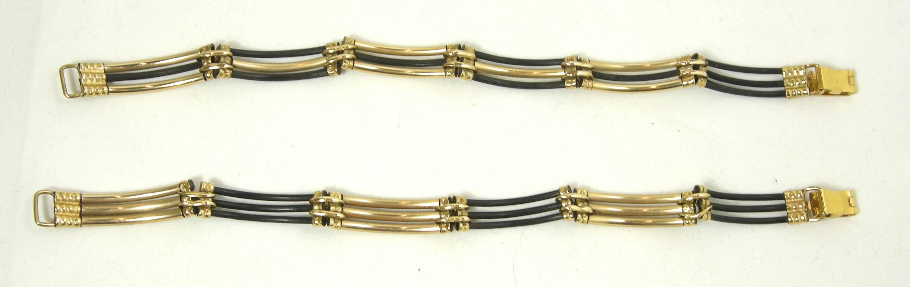 Women's or Men's Two Art Deco Gold Tone and Onyx Rod Bracelets