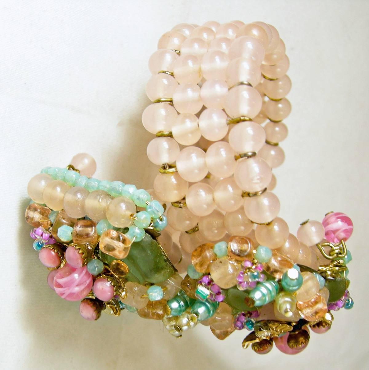 Vintage Rare Early Miriam Haskell Pink Pastel Glass Floral Wrap Bracelet In Excellent Condition For Sale In New York, NY