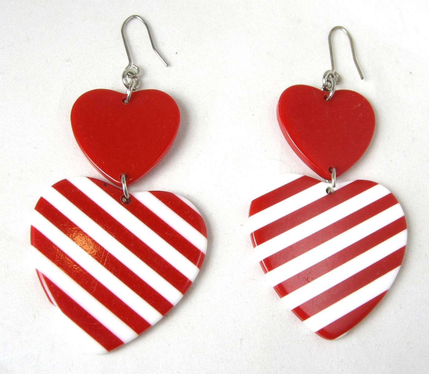 Wonderful Double Heart Candy Cane Heart Pierced Earrings In Excellent Condition In New York, NY