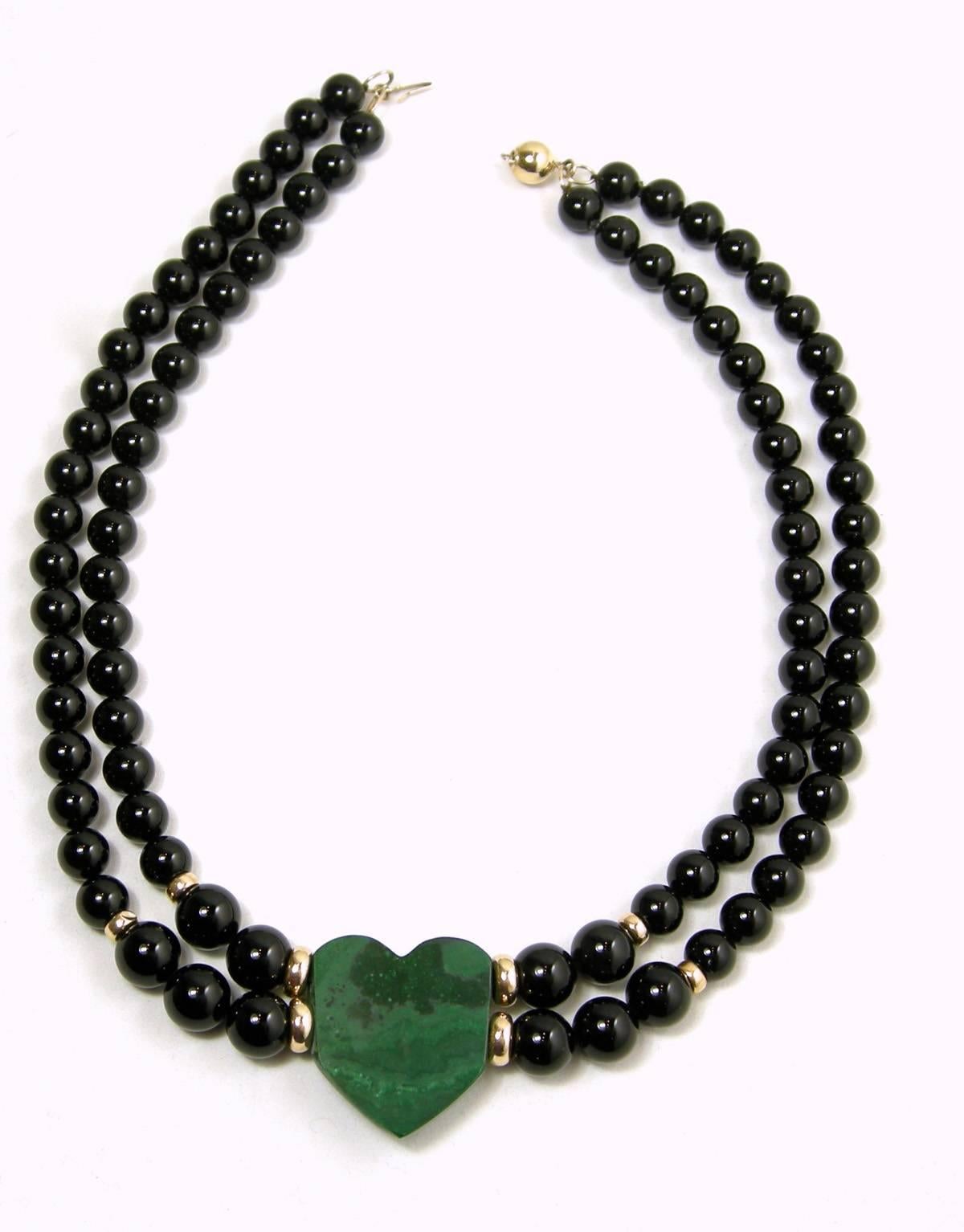 Women's or Men's Vintage 14KT Black Onyx and Green Malachite Heart Necklace
