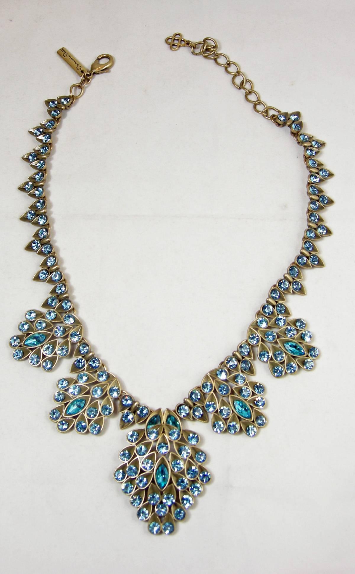 Vintage Oscar de la Renta Faux Peacock/Aquamarine Necklace/Earring Set In Excellent Condition In New York, NY
