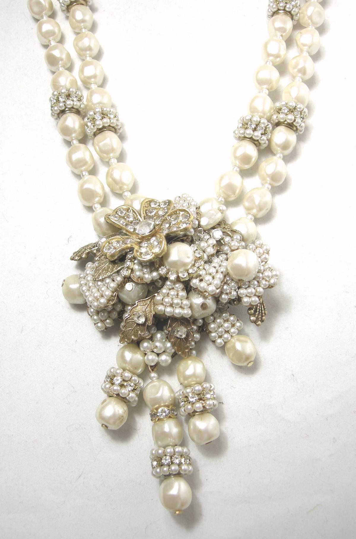 Miriam Haskell Vintage Faux Pearl Double Strand Floral Drop Necklace In Excellent Condition In New York, NY