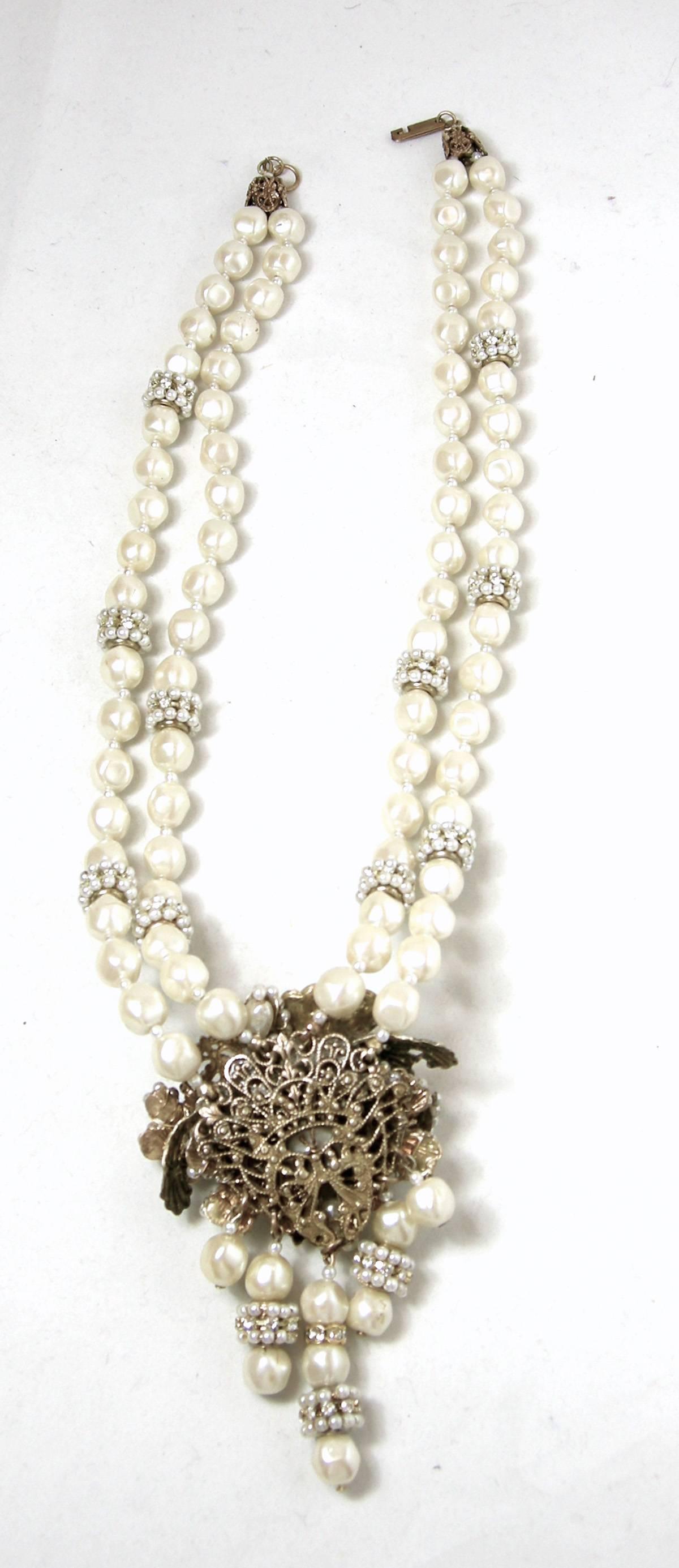 Women's or Men's Miriam Haskell Vintage Faux Pearl Double Strand Floral Drop Necklace