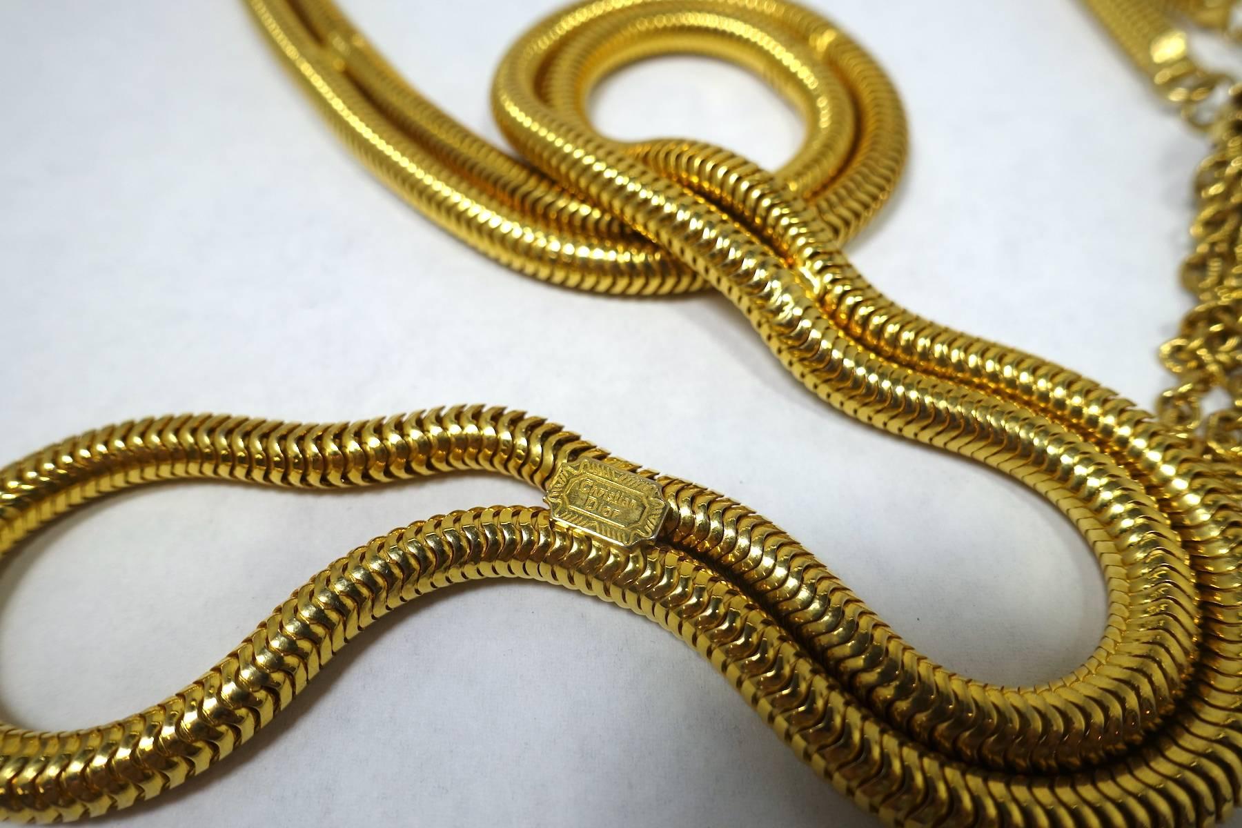 Brown Vintage Signed Dior Snake Link Tassels Belt