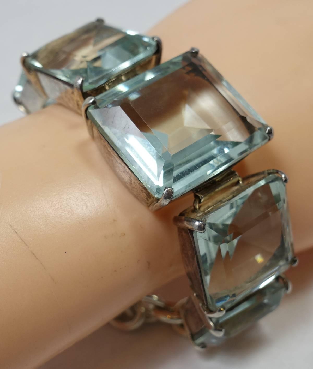 Vintage Deco Sterling Silver & Faux Aquamarine Bracelet In Excellent Condition In New York, NY