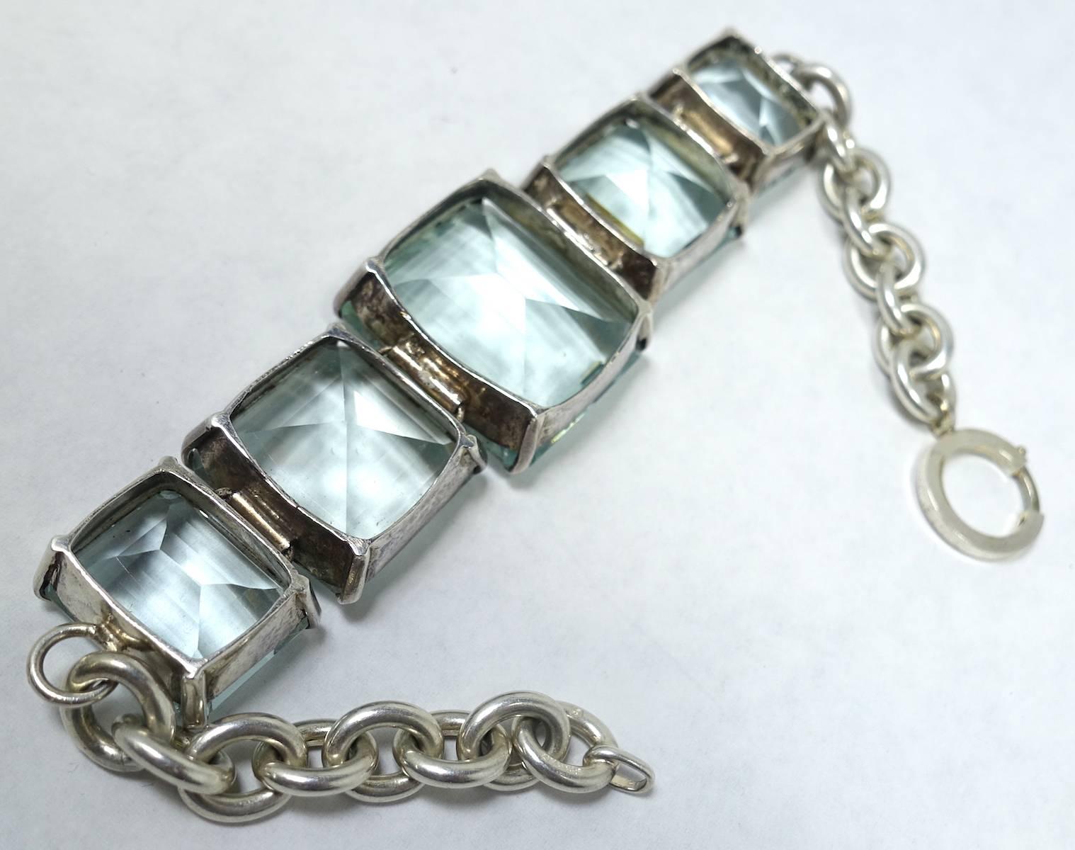 Women's or Men's Vintage Deco Sterling Silver & Faux Aquamarine Bracelet