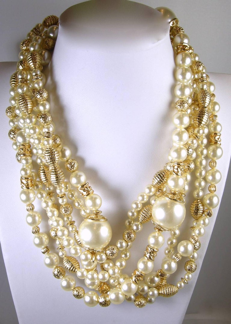 Vintage Signed Louis Feraud Bijoux Triple Strand Faux Pearl Necklace at