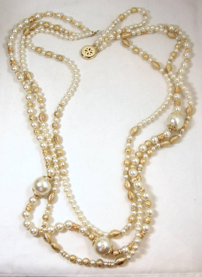 Vintage Signed Louis Feraud Bijoux Triple Strand Faux Pearl Necklace at