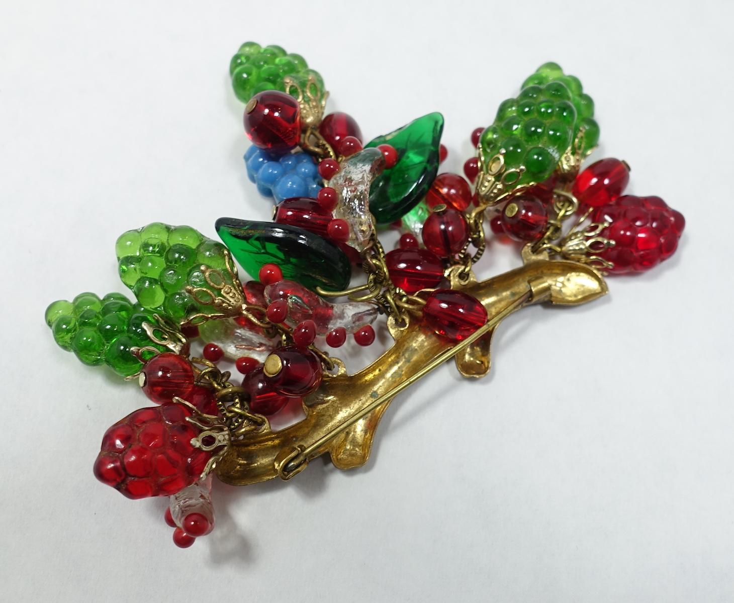 Vintage French Deco 1930s Dangling Fruit Glass Brooch In Excellent Condition In New York, NY