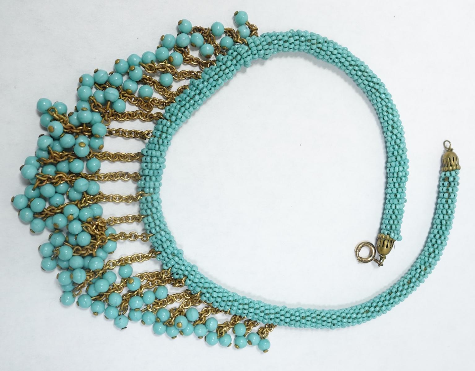 Vintage Deco Early 1930s Miriam Haskell Faux Turquoise Bead Bib Necklace In Excellent Condition In New York, NY